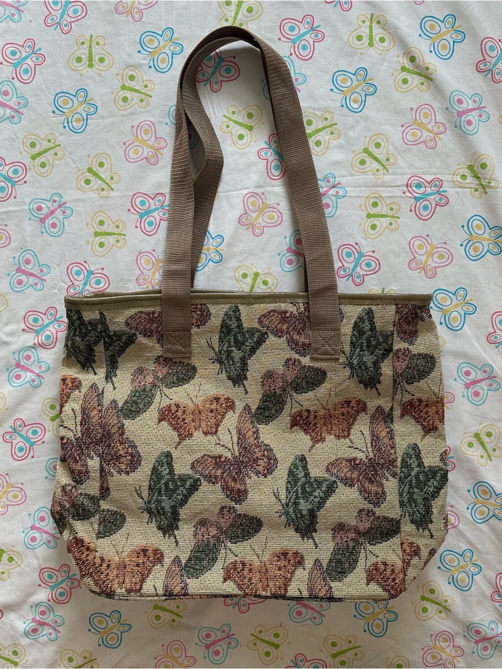 Vintage Taupe Butterfly Print Tapestry Tote Bag